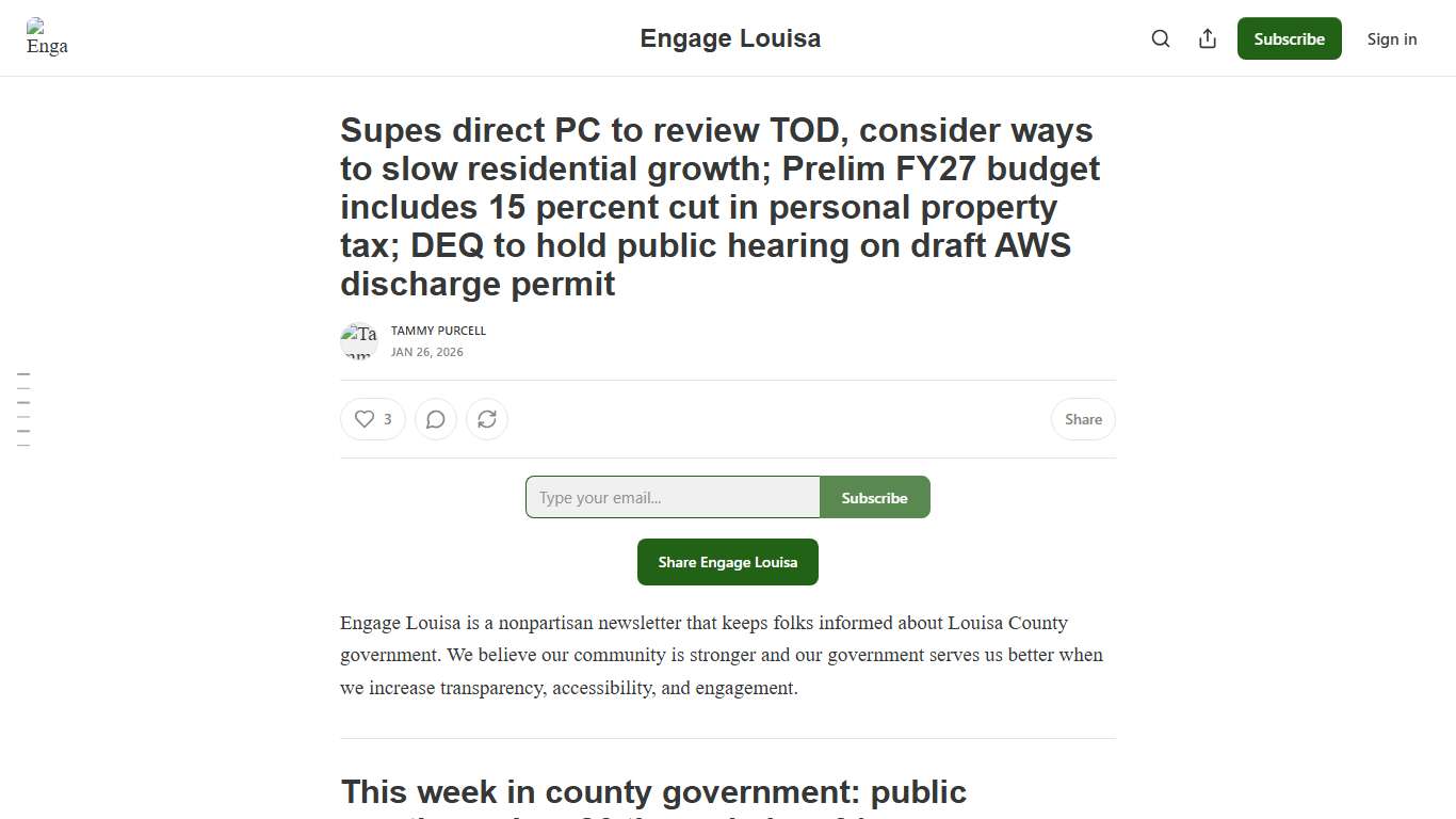 Supes direct PC to review TOD, consider ways to slow residential growth; Prelim FY27 budget includes 15 percent cut in personal property tax; DEQ to hold public hearing on draft AWS discharge permit